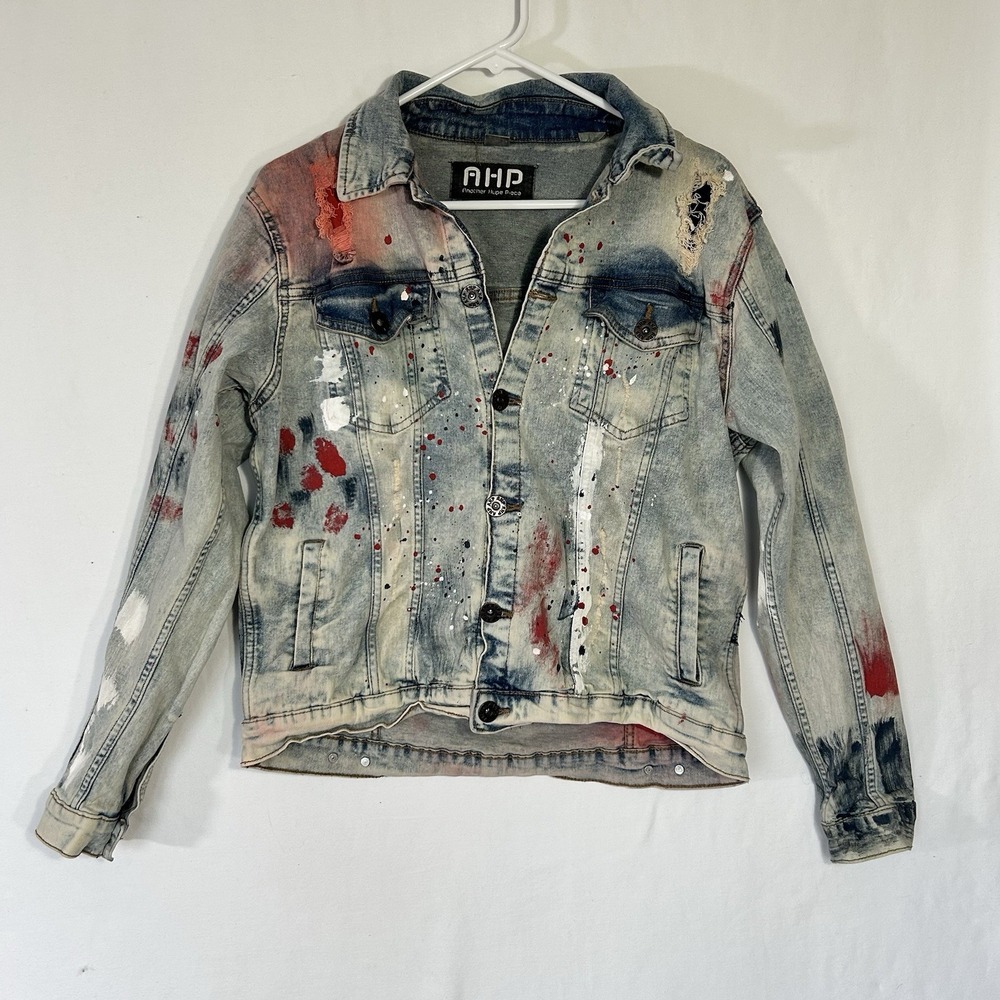 Another Hype Piece AHP Mens Jacket Denim Distressed Paint Splatter Streetwear M